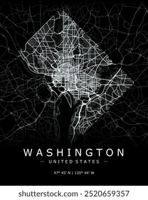 Mapa vetorial de Washington em preto. Mapa detalhado de Washington em Estados Unidos. Melhor ilustração de vetor livre. Mapa de rua decorativo turístico.