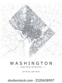 Mapa vetorial de Washington. Mapa detalhado de Washington em Estados Unidos. Melhor ilustração de vetor livre. Mapa de rua decorativo turístico.