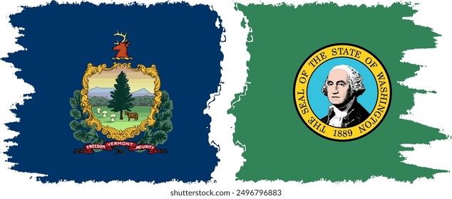 Washington and Vermont states grunge brush flags connection, vector