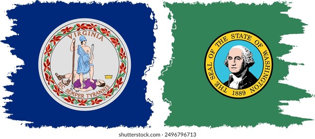 Washington and Virginia states grunge brush flags connection, vector