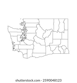 Washington, WA - detailed political map of US state. Administrative map divided into counties. Thin blank black outline map. Vector illustration