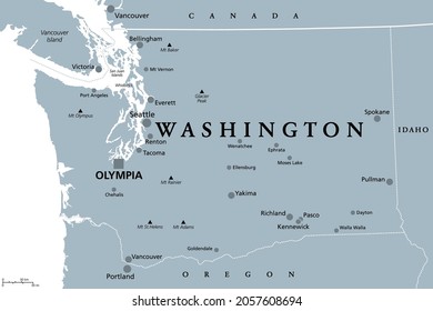 Washington, WA, gray political map, with capital Olympia. State in the Pacific Northwest region of the Western United States of America. State of Washington, with nickname The Evergreen State. Vector.