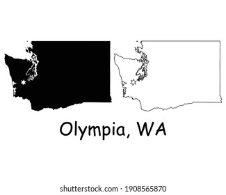 Washington WA state Map USA with Capital City Star at Olympia. Black silhouette and outline isolated maps on a white background. EPS Vector