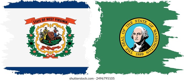 Washington and West Virginia states grunge brush flags connection, vector