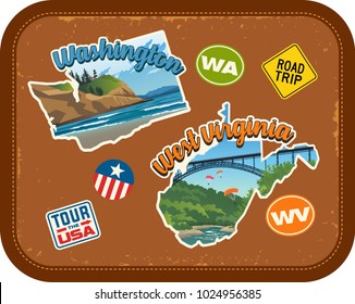 Washington, West Virginia travel stickers with scenic attractions and retro text on vintage suitcase background