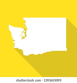 Washington white map,border flat simple style with long shadow on yellow background.