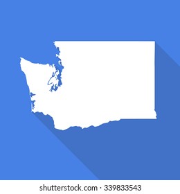 Washington white map,border flat simple style with long shadow on blue background