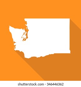 Washington white map,border flat simple style with long shadow on orange background