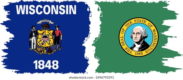 Washington and Wisconsin states grunge brush flags connection, vector