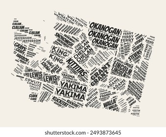 Nube de palabras de Washington. Estado con división de condados. Diseño de Imagen de Vector de nubes de texto tipográfico de Washington. Imagen de forma de estado estilo gazette de Antiguas. Una Ilustración vectorial increíble.