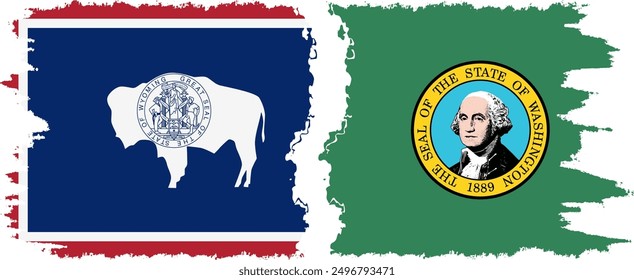 Washington and Wyoming states grunge brush flags connection, vector