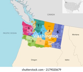 Washington's congressional districts (2013-2023) vector map with neighbouring states and terrotories