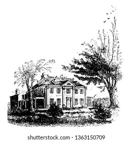 Washington's headquarters are historic site located in Cambridge, Massachusetts, established in 1972 vintage line drawing.