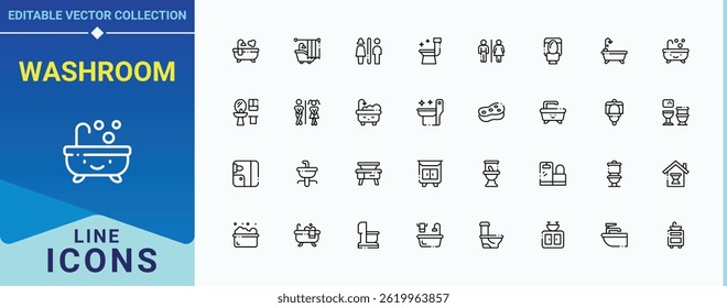 Washroom icon collection. Contains related to bath, toilet, sanitary, wash room and more. Bathroom icon set. Minimalist editable vector stroke. Editable stroke. Vector collection.
