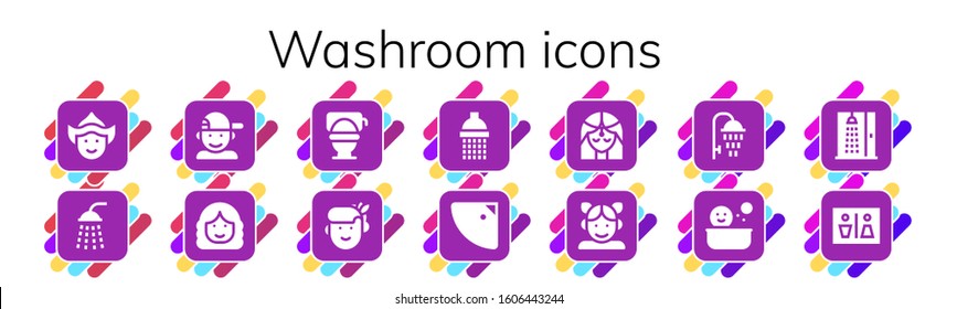 washroom icon set. 14 filled washroom icons. Included Woman, Shower, Boy, Toilet, Girl, Wc icons