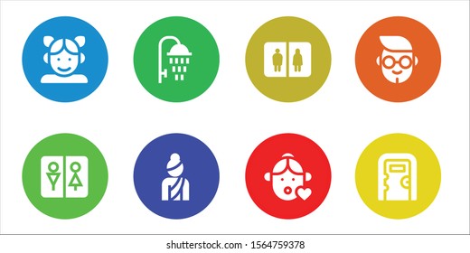 washroom icon set. 8 filled washroom icons.  Collection Of - Girl, Wc, Shower, Woman, Bathroom, Boy, Public toilet icons