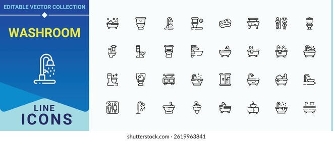 Washroom icon set. Bathroom icon pack. Toilet icons for ui design. Minimal thin line web icons set. Editable stroke. Pixel Perfect.
