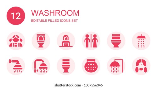 washroom icon set. Collection of 12 filled washroom icons included Girl, Toilet, Woman, Restroom, Shower