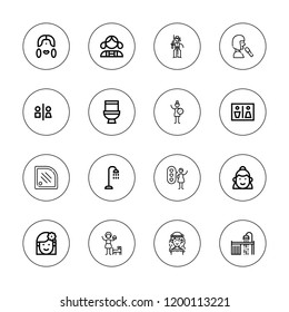 Washroom icon set. collection of 16 outline washroom icons with cowgirl, girl, shower, toilet, woman icons.