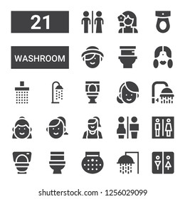 washroom icon set. Collection of 21 filled washroom icons included Restroom, Shower, Toilet, Restrooms, Woman, Girl
