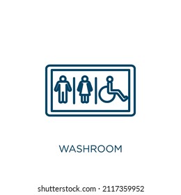 Waschsalon-Symbol. Dünne, lineare Waschraum-Umrisssymbol einzeln auf weißem Hintergrund. Linie, Vektorscheibe, Symbol für Web und Mobile