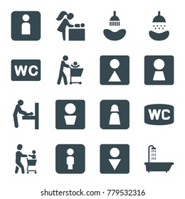 Washroom icons. set of 16 editable filled washroom icons such as man wc, woman wc, baby changing room, shower