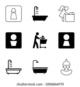 Washroom icons. set of 9 editable filled and outline washroom icons such as man wc, woman wc, shower, father with not in shopping cart