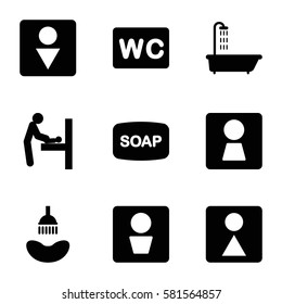 washroom icons set. Set of 9 washroom filled icons such as man WC, woman WC, baby changing room, shower, Soap, WC, Male WC