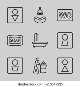 Washroom icons set. set of 9 washroom outline icons such as man WC, woman WC, shower, Soap