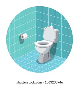 Washroom interior with clean and shiny toilet bowl and toilet paper.  Vector illustration