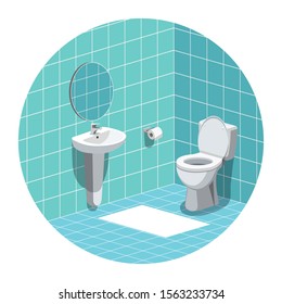 Washroom interior with wash basin, mirror, toilet bowl and toilet paper. Vector illustration