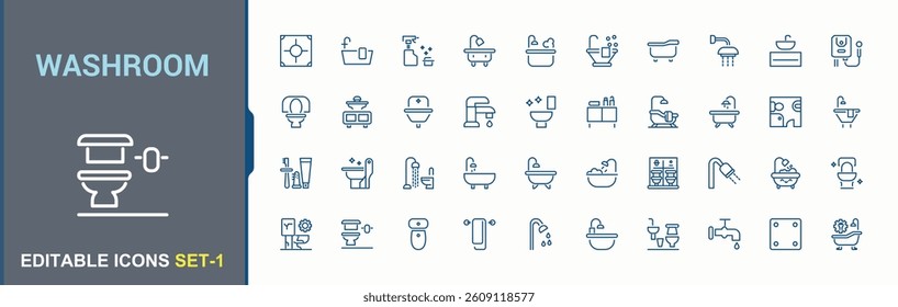 Washroom line icon. Related to sanitary, toilet, bath and more. Bathroom icon collection. Modern thin line style icons. Minimalist signs for web and mobile app.