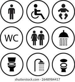 Washroom signs icons vector set. Restroom or toilet door sign set containing gents, ladies, disabled, baby changing.