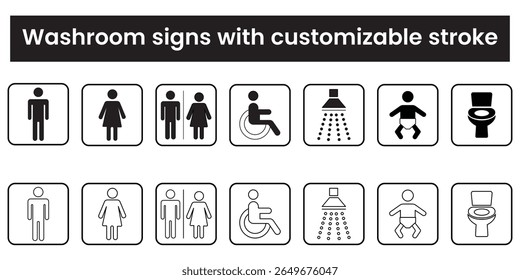 Washroom signs and symbol, toilet and restroom icon set, gents, ladies, disabled person, baby changing room, shower, customizable stroke, vector, illustration