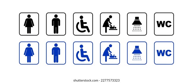 Washroom symbols collection. Public toilet icon set male and female, physically handicapped, baby seat, shower. Sign of washroom for male, female and children