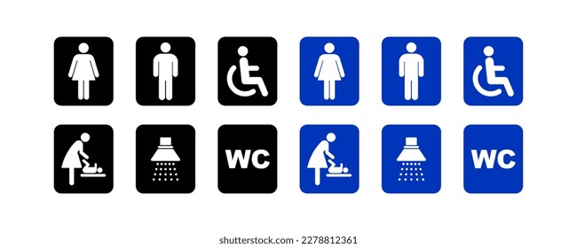 Washroom symbols collection. Public toilet icon set male and female, physically handicapped, baby seat, shower. Sign of washroom for male, female and children