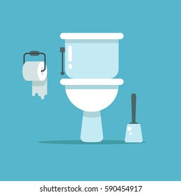 Washroom, toilet bowl, bidet with with toilet paper and toilet brush vector illustration