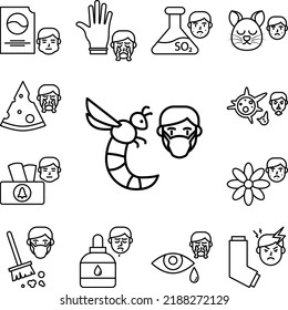 Wasp, allergic face icon in a collection with other items