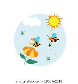 Wasp, bee cartoon character, sunflower, flat vector style. Spring, summer season. Banner, label, background. Vector illustration, isolated objects.