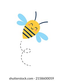 Wasp or bee icon. Bright sticker with smiling bumblebee flying up. Insect carries pollen into hive and makes honey. Design for printing. Cartoon flat vector illustration isolated on white background