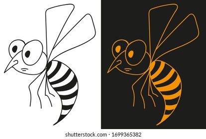 Wasp, bee, insect, cartoon character,  isolated vector illustration on white background. Funny, sad, orange. black and white