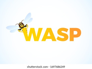 Wasp cartoon on color text. Predatory insect. Yellow striped wasp. Vector illustration isolated on white background