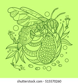 Wasp coloring book for adults vector illustration. Anti-stress coloring for adult. Tattoo stencil. Zentangle style. Black and white lines. Lace pattern