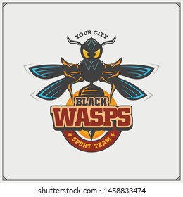Wasp emblem and design elements. Dangerous stinging insect. Sport club emblem. Print design for t-shirt.