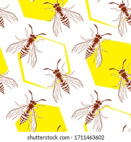 Wasp geometric insect seamless pattern. Dangerous design for textile, fabric texture. Yellow bugs isolated on white background. Vector Bumblebee drawing tile. Wild Nature graphic print.