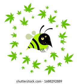 avispa con hojas de cáñamo, cannabis. Logo de caricatura sobre fondo blanco. Vector aislado