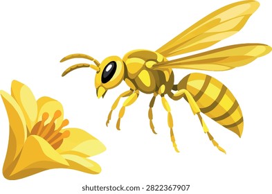 wasp hovering near flower side profile facing left full body, stinger insect, vector illustration