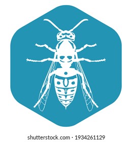 El icono de la avispa. Silueta blanca de una avispa sobre un hexágono azul. Un insecto depredador. Ilustración vectorial aislada en un fondo blanco para el diseño y la web.