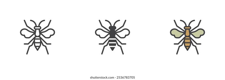 Conjunto de iconos de diferentes estilos de insectos de avispa. Línea, glifo y contorno relleno versión colorida, contorno y signo de Vector relleno. Símbolo, ilustración del logotipo. Gráficos de Vector