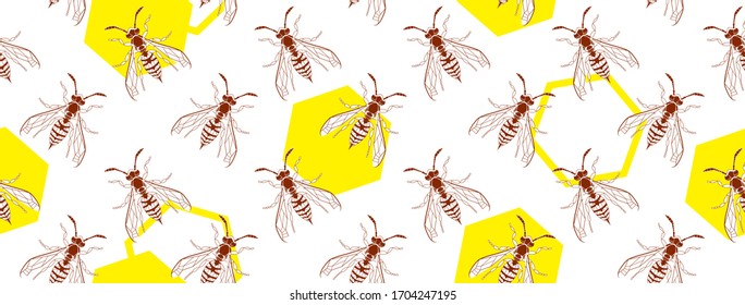 Wasp insect geometric seamless cover. Dangerous design for textile, fabric texture. Yellow bugs on white backdrop. Vector Bumblebee drawing web horizontal banner. Wild Nature graphic wallpaper.